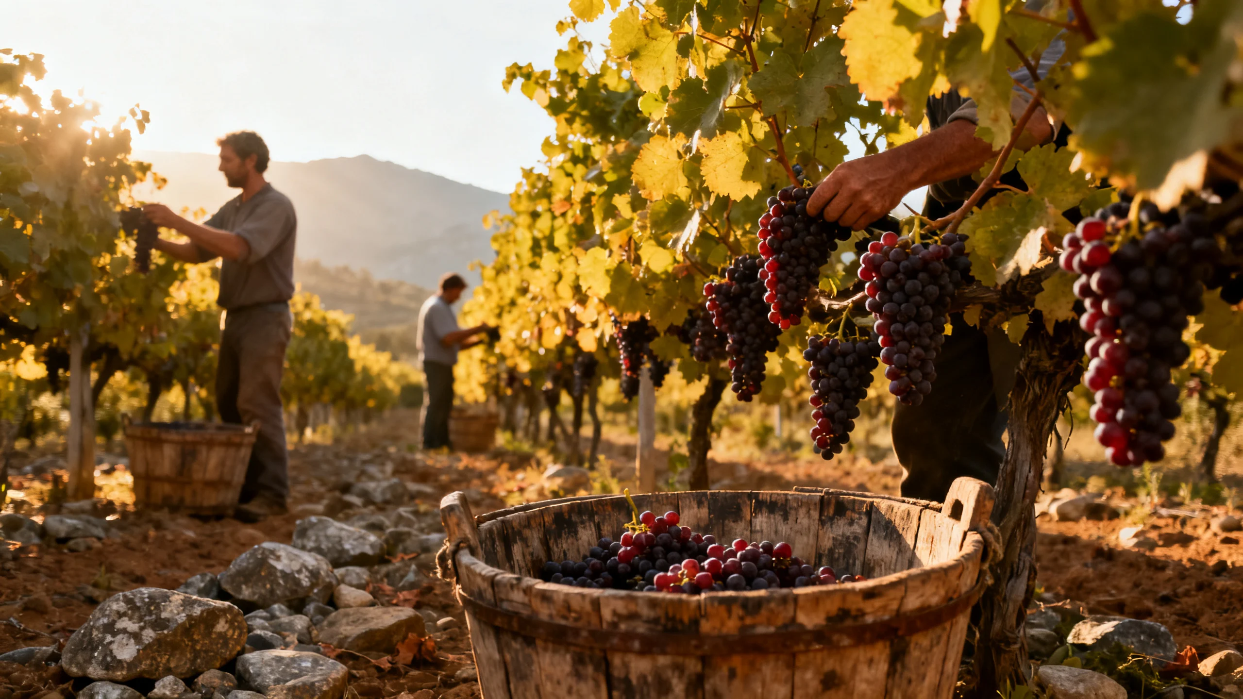 Vignes de Touriga Nacional sur granite, Dão DOC, centre du Portugal, Serra da Estrela en arrière-plan