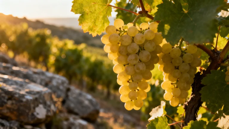 Roussanne : Guide du Cépage Fin du Rhône Nord Grappes de Roussanne dans le vignoble du Rhône, cépage blanc élégant aux arômes de jasmin et d abricot