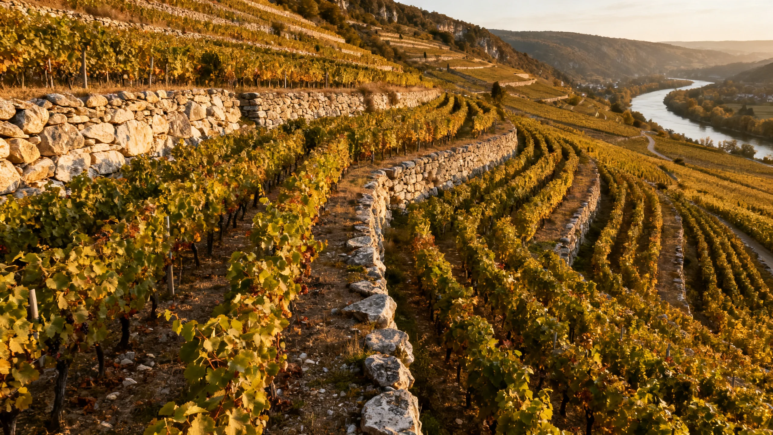Vignoble de la Roussanne sur les coteaux de granit de l'Hermitage dans le Rhône septentrional