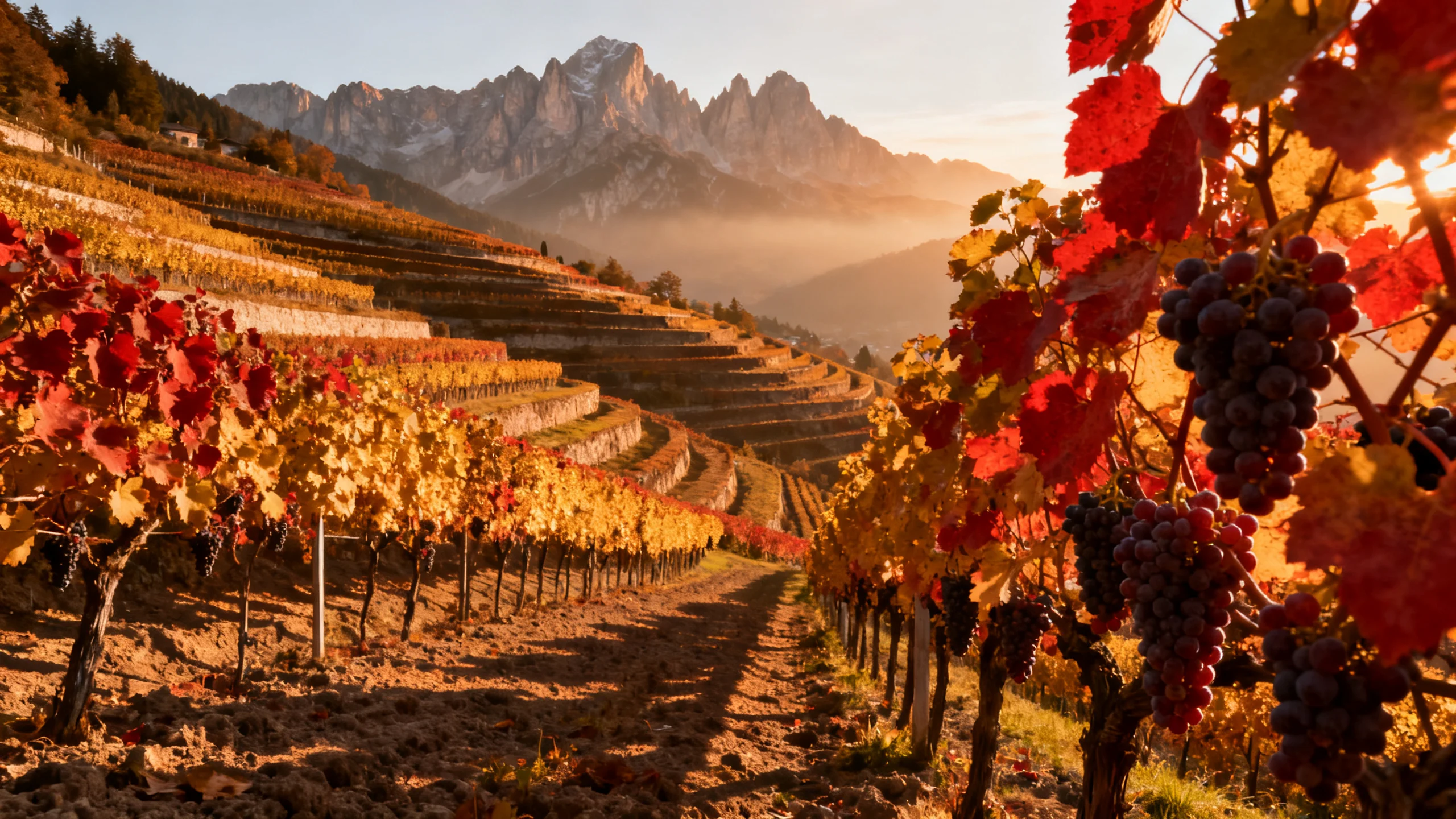 Terrasses de vignes en Alto Adige (Südtirol), Gewurztraminer d'automne, Dolomites en fond