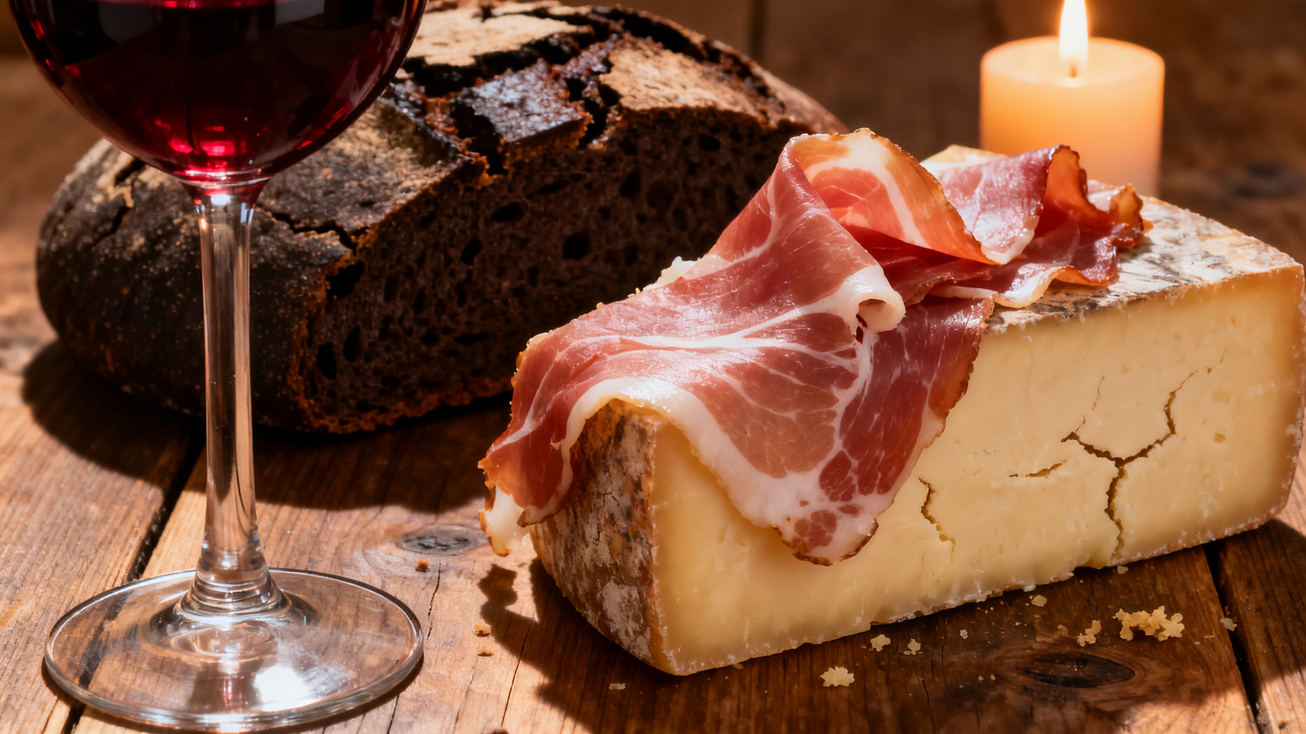 Verre de vin rouge Refosco avec charcuteries frioulanes San Daniele et fromage Montasio affiné