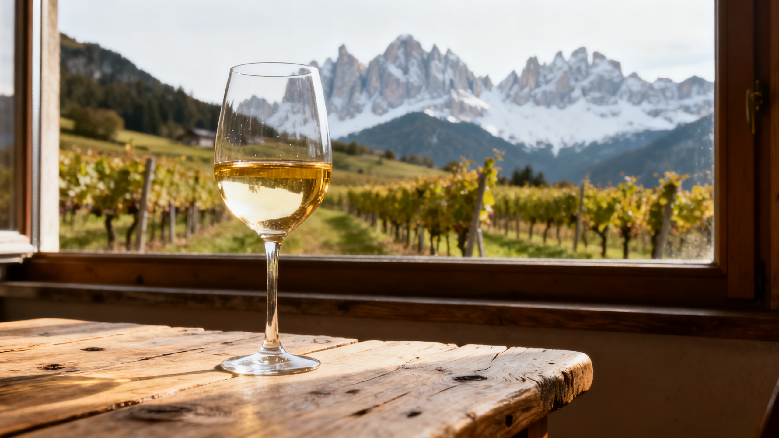Verre de vin blanc cépage Kerner avec paysage alpin des Dolomites