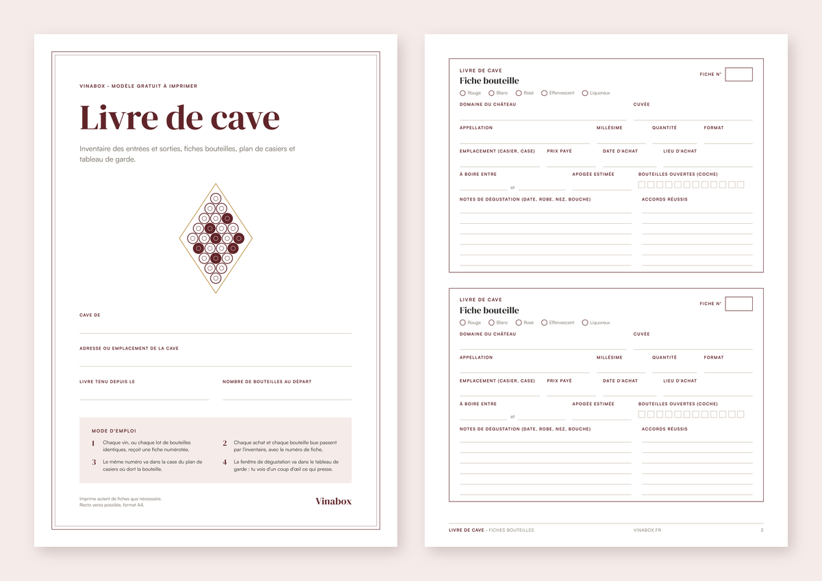 Aperçu du modèle de livre de cave Vinabox : page de garde et page de deux fiches bouteilles