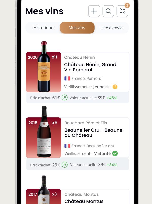Écran « Mes vins » de l’application Oeni avec millésime, quantité, prix d’achat, valeur actuelle et phase de vieillissement