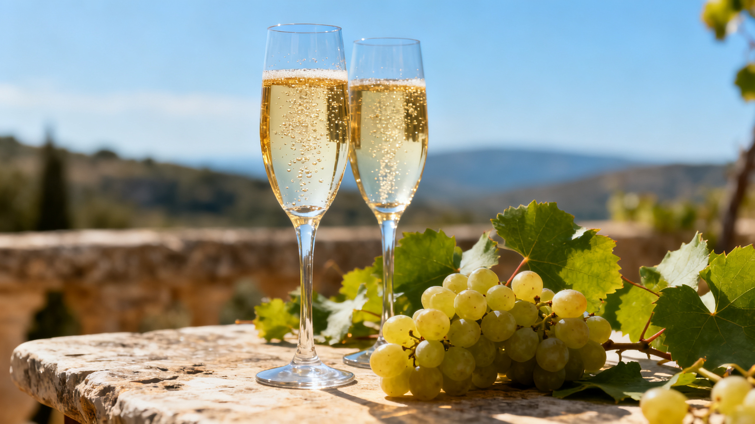 Flûtes de Blanquette de Limoux avec bulles fines et grappes de raisins Mauzac sur table en pierre