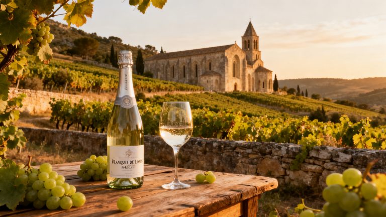Vignoble Mauzac à Limoux, Aude — paysage de vigne en fin d'été avec bouteille de Blanquette de Limoux