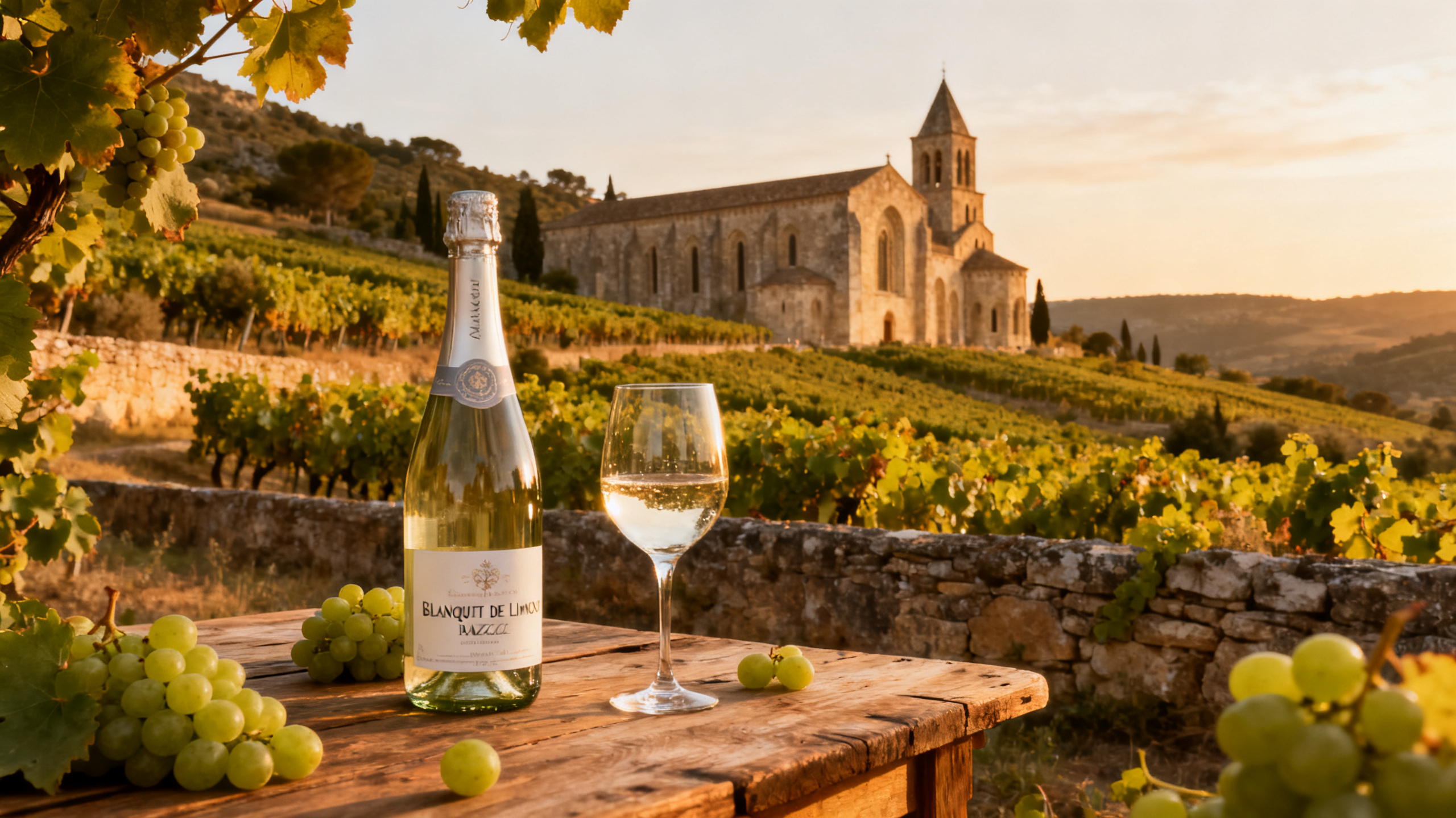 Vignoble Mauzac à Limoux, Aude — paysage de vigne en fin d'été avec bouteille de Blanquette de Limoux