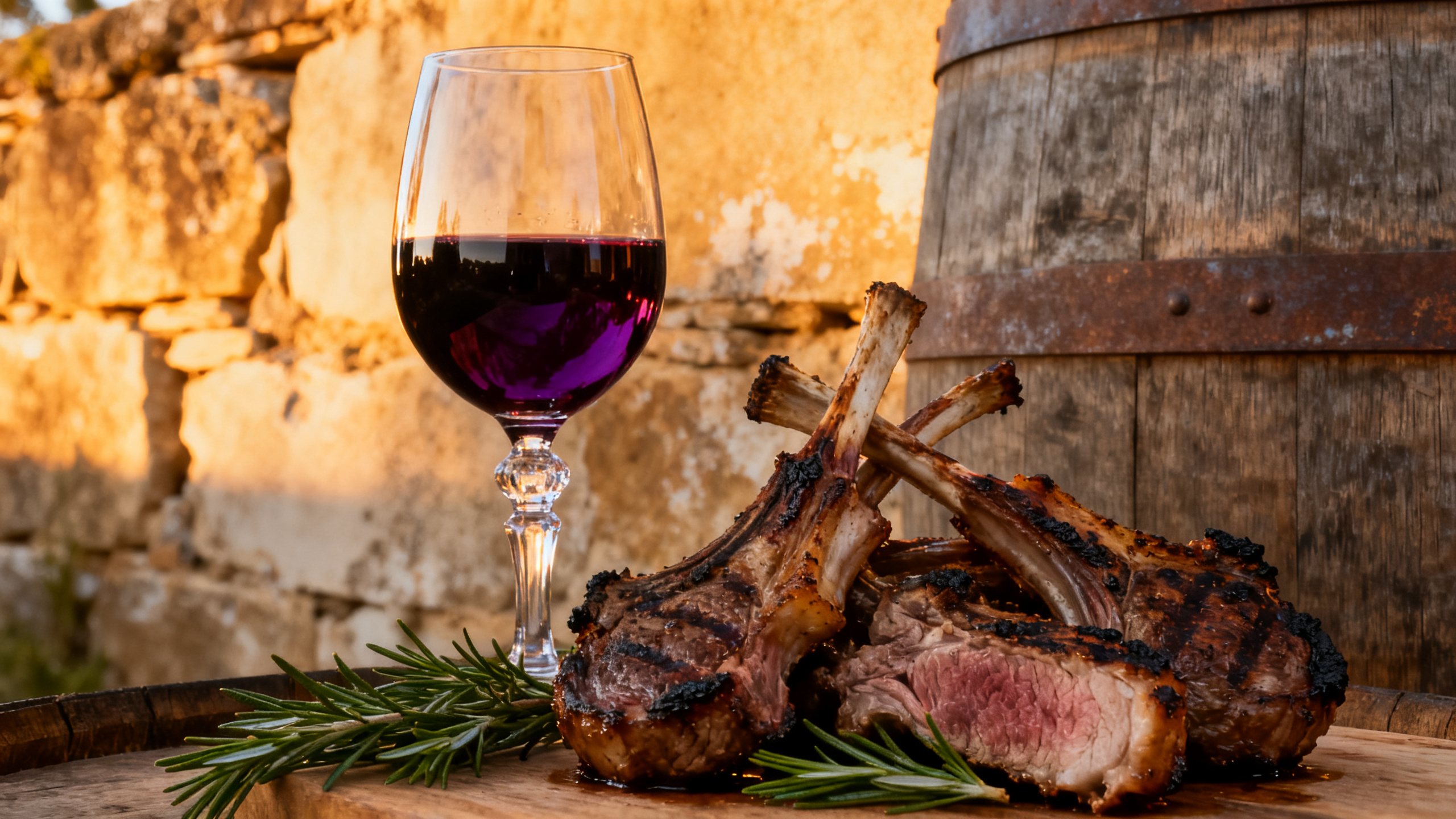 Verre de Shiraz McLaren Vale avec agneau et romarin, accord classique australien