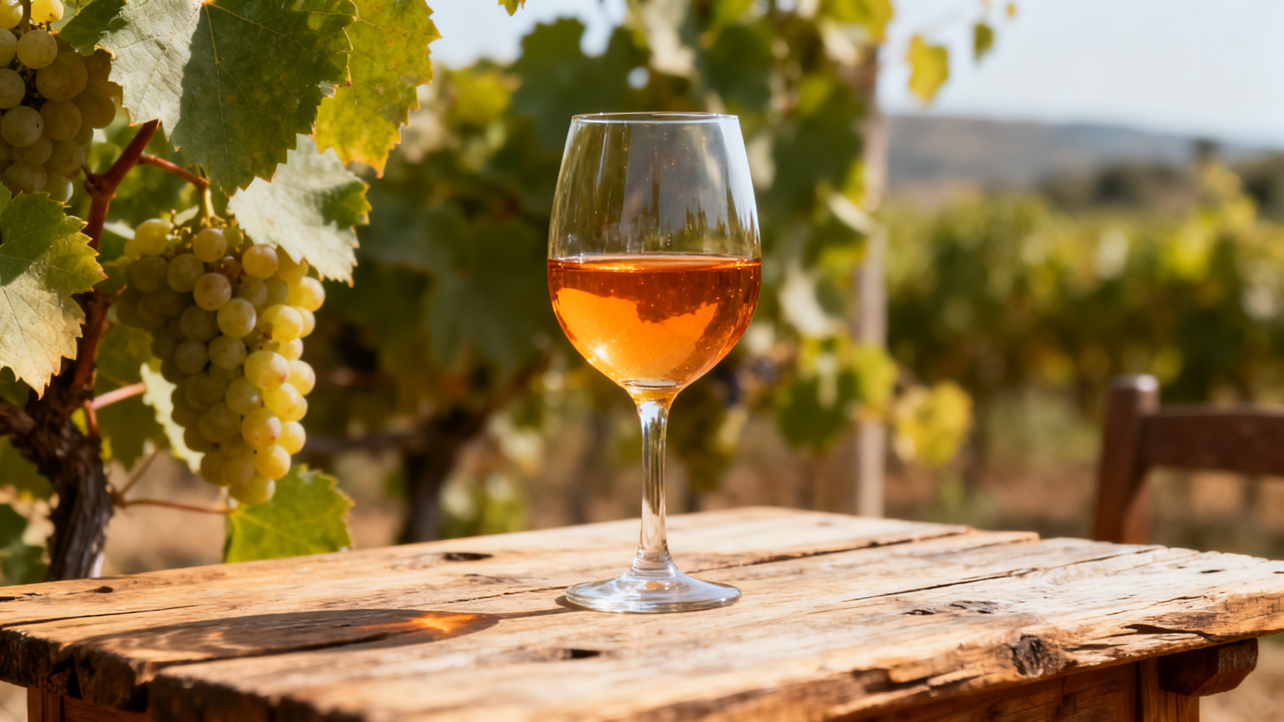 Verre de vin orange avec reflets ambrés sur table en bois