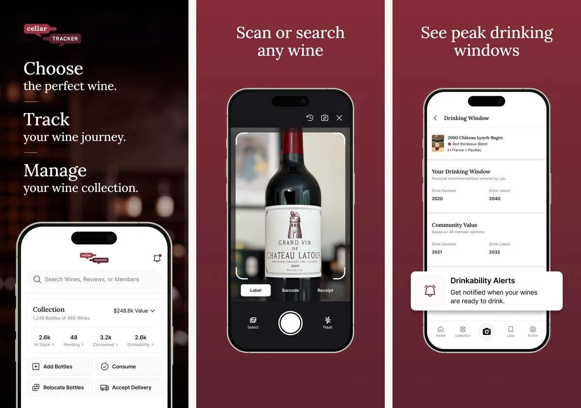 Trois écrans de CellarTracker en anglais : tableau de bord de la collection, scan d’une bouteille, fenêtre de dégustation et alertes de buvabilité