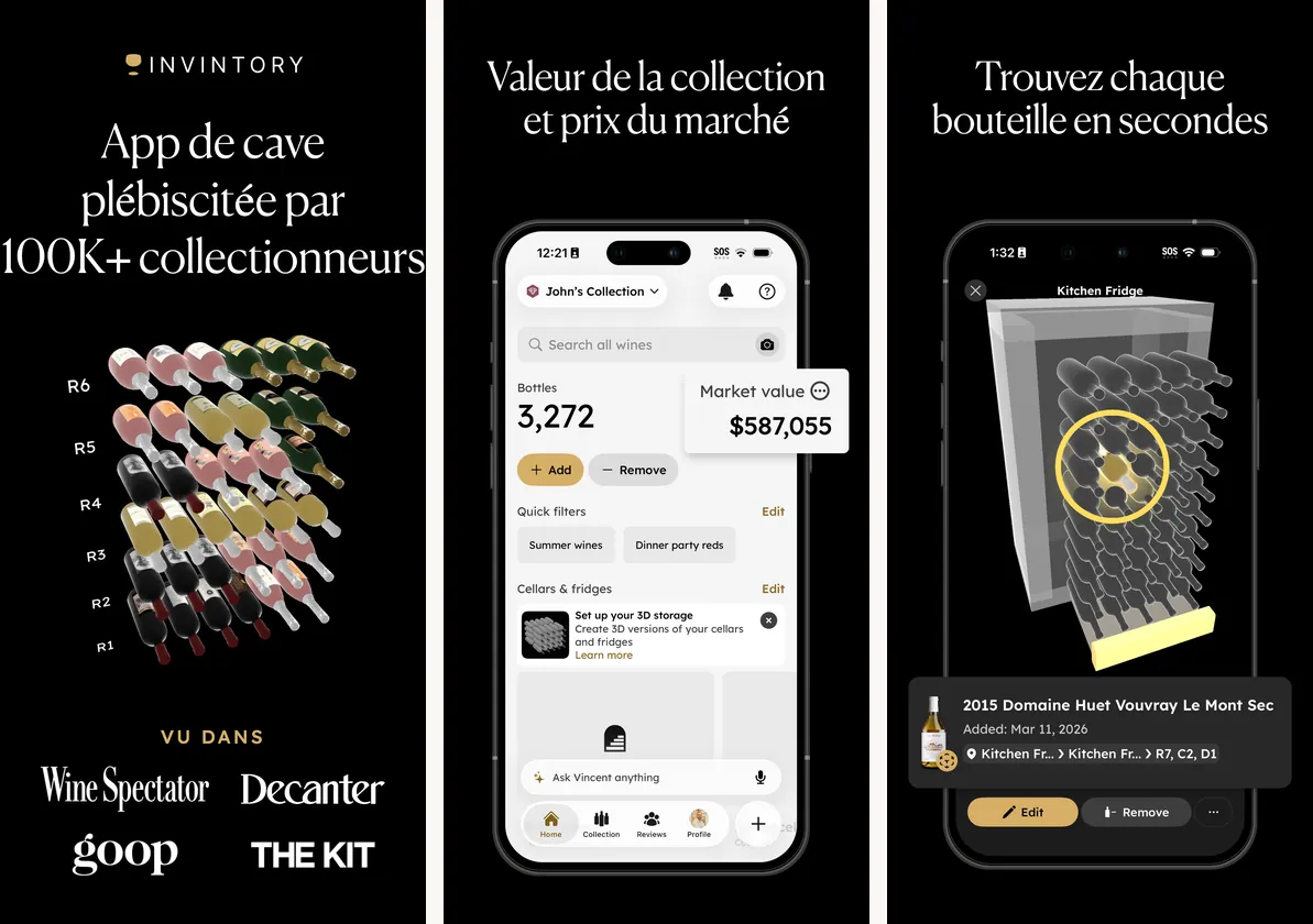 Trois visuels d’InVintory : casier à bouteilles en 3D, écran de valeur de la collection et prix du marché, réfrigérateur à vin en 3D avec une bouteille localisée