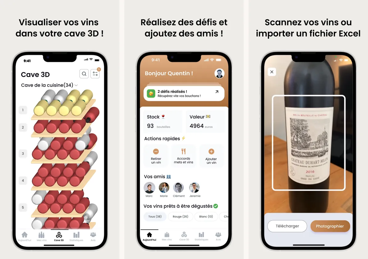 Trois écrans de l’application Oeni : cave 3D avec les bouteilles colorées selon le type de vin, tableau de bord avec stock, valeur et défis, scan d’une étiquette de bouteille