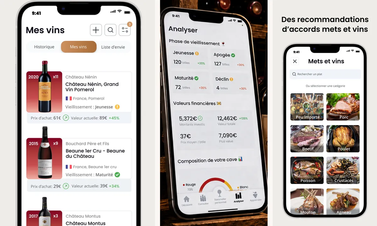 Écrans Oeni : liste Mes vins avec prix d’achat, valeur actuelle et phase de vieillissement, écran Analyser avec les bouteilles en jeunesse, maturité, apogée et déclin, recherche d’accords mets et vins par plat