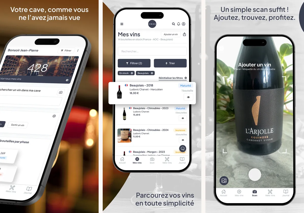 Trois écrans de Viniou : tableau de bord avec le nombre de bouteilles et la répartition par phase, liste Mes vins avec phase et prix, scan de l’étiquette d’une bouteille