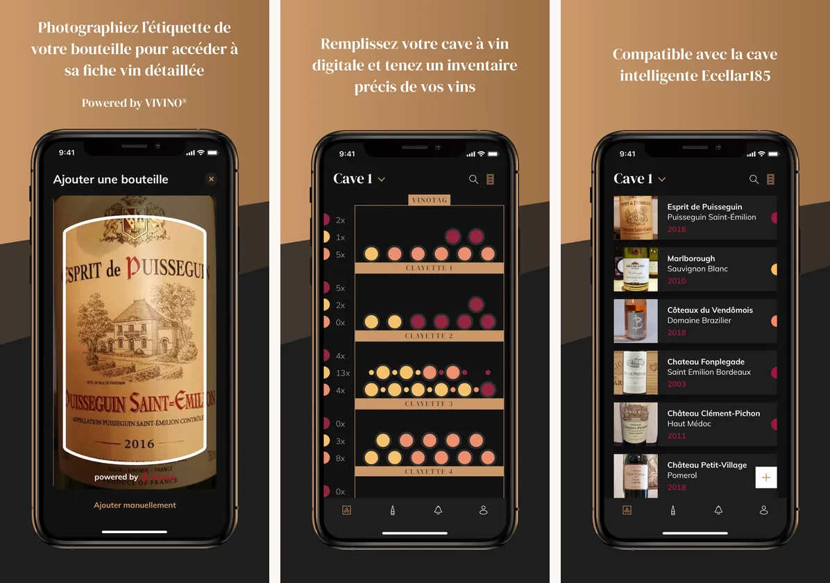 Trois écrans de Vinotag : photo d’étiquette avec fiche préremplie, plan de cave par clayettes avec pastilles de couleur, liste des vins de la cave