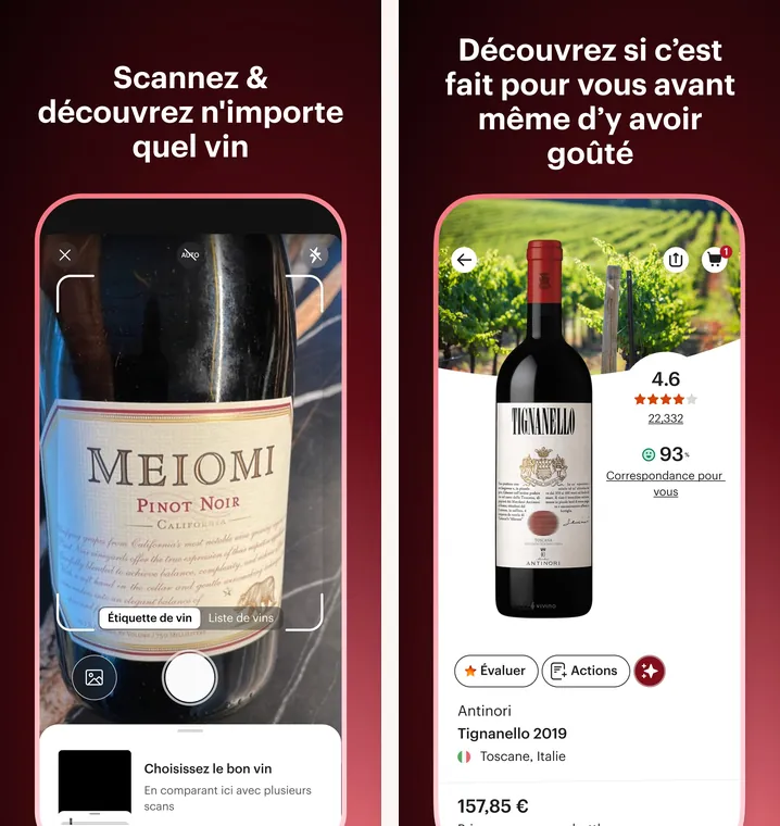 Deux écrans de Vivino : scan de l’étiquette d’une bouteille de pinot noir, fiche vin avec note moyenne, score de correspondance et prix