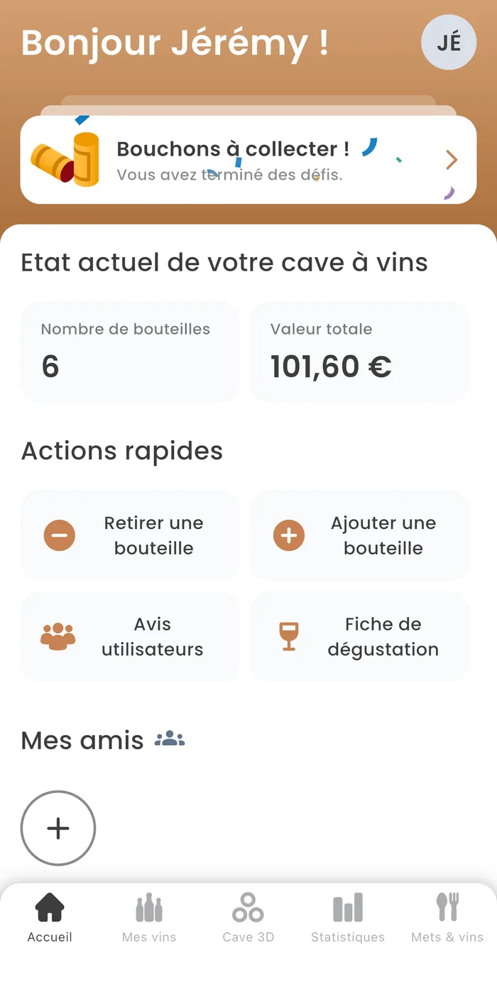 Accueil du compte Oeni de Jérémy : six bouteilles, valeur totale de 101,60 euros et actions rapides