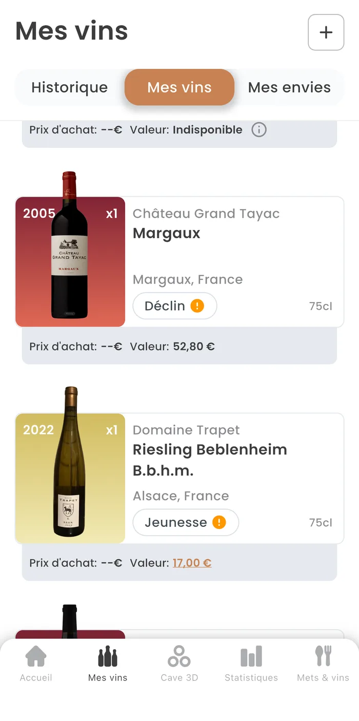 Liste Mes vins du compte Oeni avec un Margaux 2005 en déclin à 52,80 euros et un Riesling 2022 en jeunesse à 17 euros