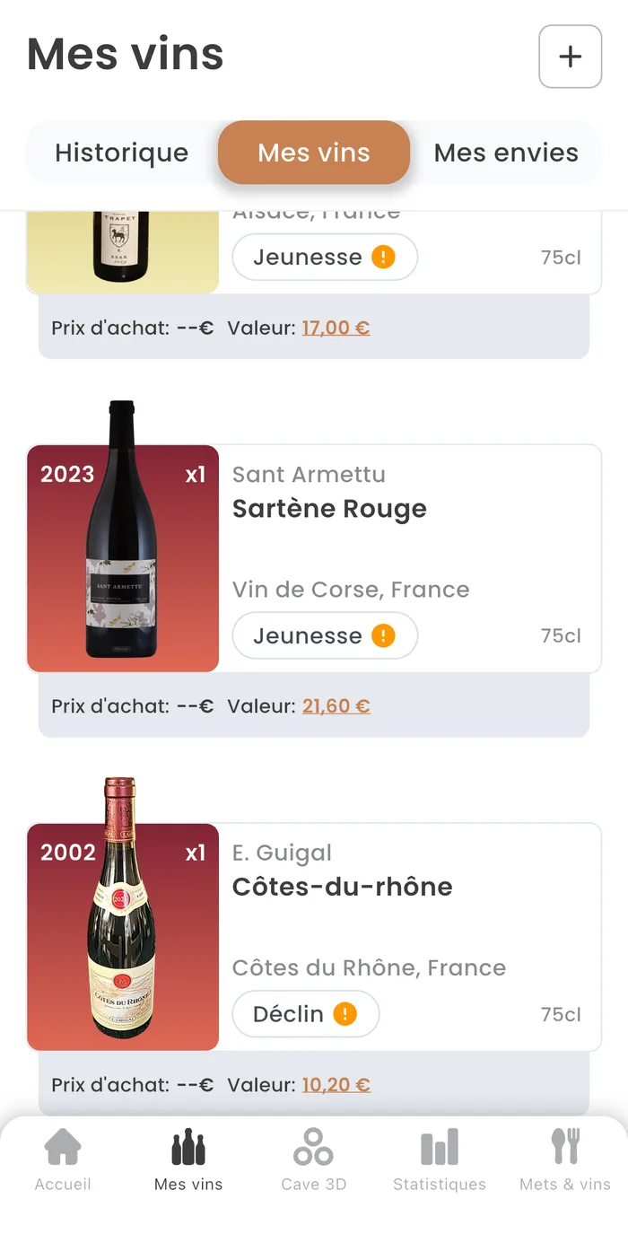 Liste Mes vins du compte Oeni avec un Sartène 2023 en jeunesse et un Côtes-du-Rhône 2002 en déclin