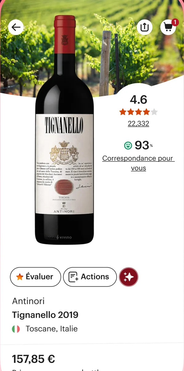 Capture officielle Vivino montrant la fiche d’un vin, sa note communautaire et son prix