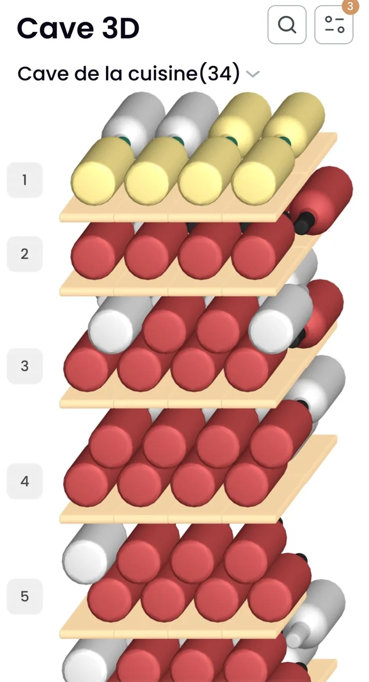 Écran Cave 3D de l’application Oeni : casiers numérotés de 1 à 5, bouteilles rouges, blanches et jaunes selon la couleur du vin, cave nommée Cave de la cuisine avec 34 bouteilles.
