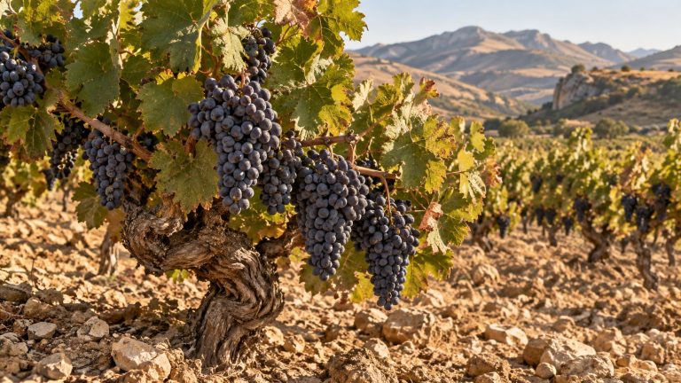 Perricone (Pignatello) : guide du cépage rouge sicilien Vignoble de Perricone rouge en Sicile occidentale avec grappes violacées sur cep en alberello