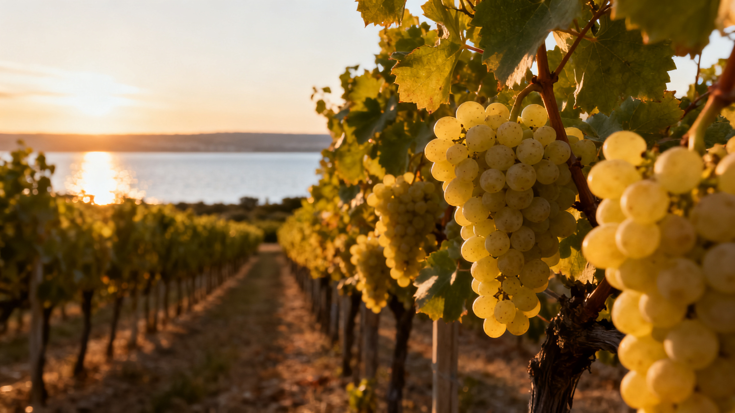 Vignoble Piquepoul Blanc avec l'étang de Thau en arrière-plan, Picpoul de Pinet AOP