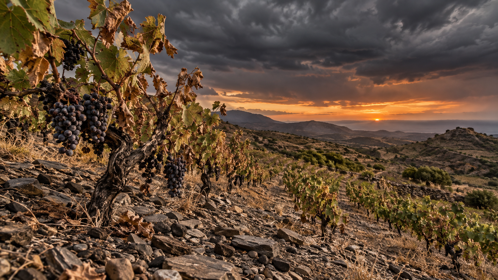Vignoble du Roussillon en crise — terrasses de schiste arides sous un ciel menaçant