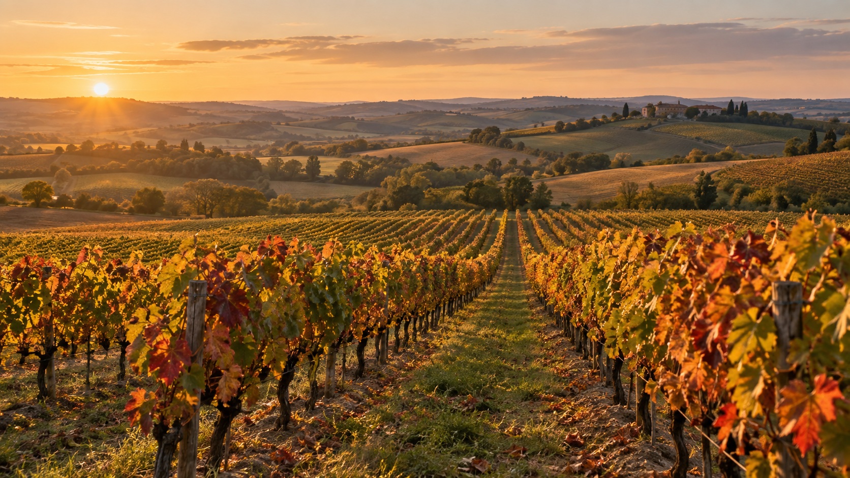 Vignoble du Sud-Ouest de France, rangées de vignes en automne, paysage de Lomagne