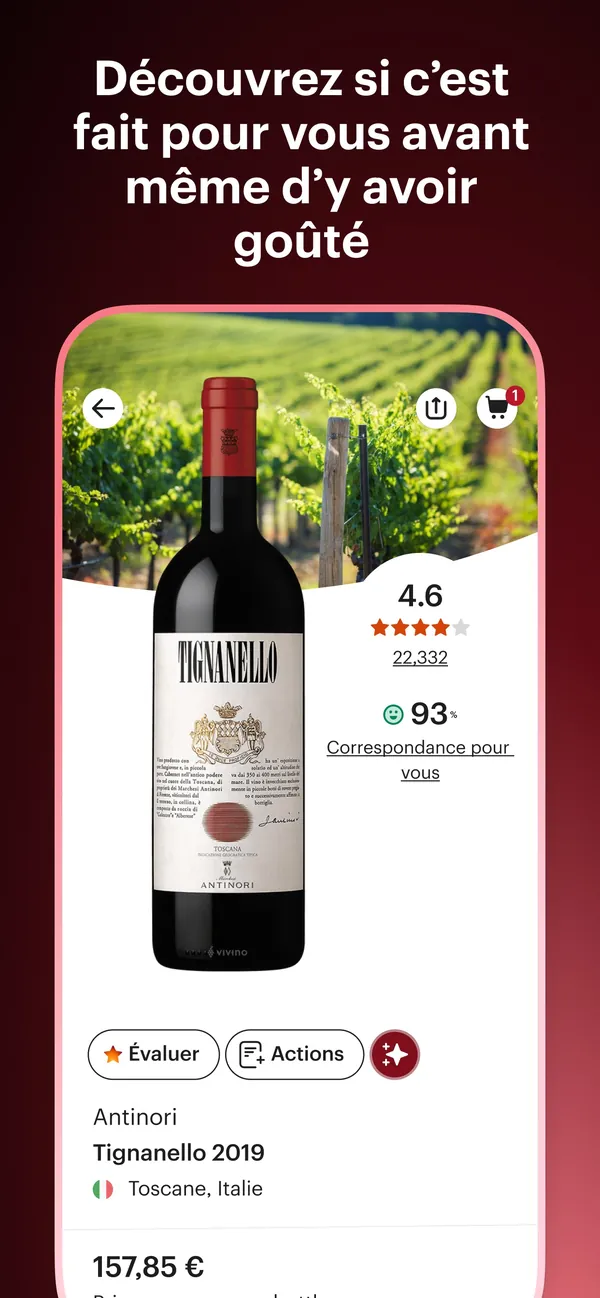Fiche d’un vin dans Vivino après le scan, avec la note moyenne, le nombre de notes et le score de correspondance
