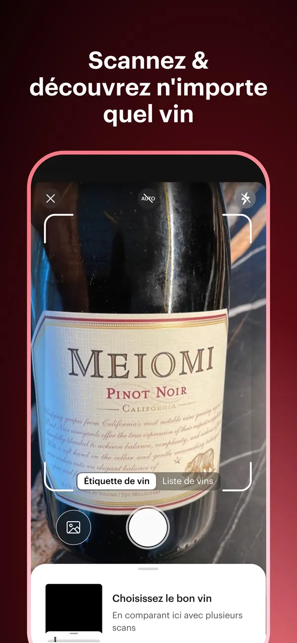 Écran de scan de Vivino avec une étiquette cadrée et le choix entre étiquette de vin et liste de vins