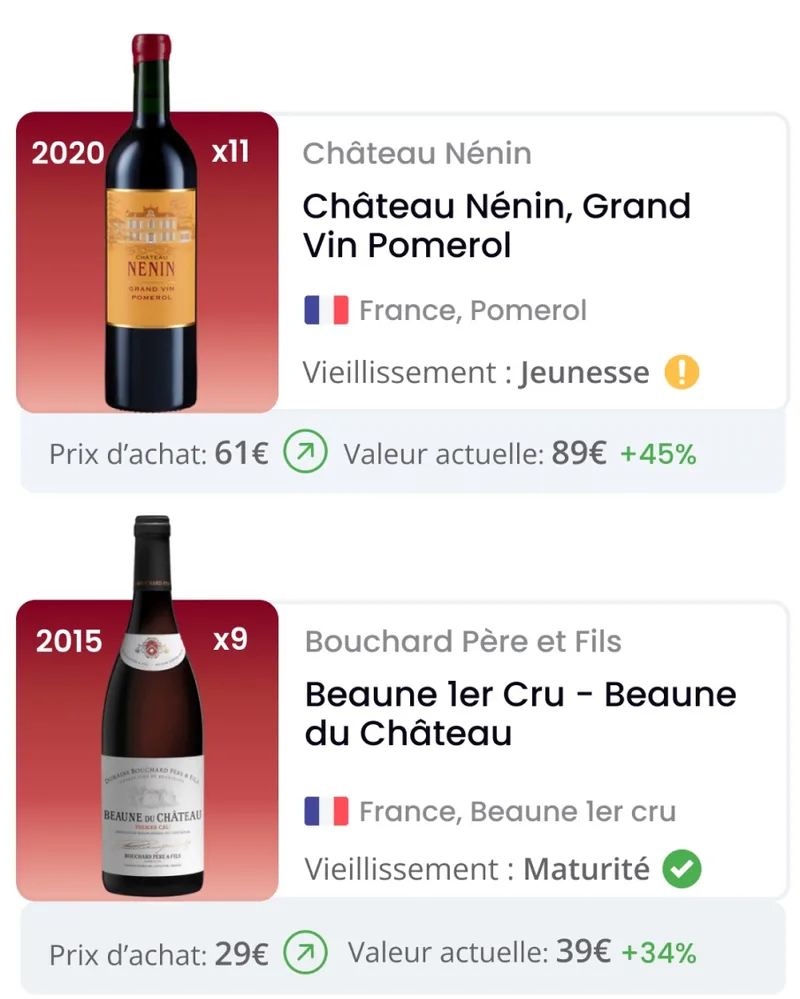 Liste Mes vins de l’application Oeni : Château Nénin 2020 en phase Jeunesse et Beaune premier cru 2015 en phase Maturité.
