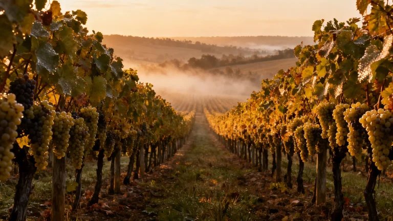 Rangées d ugni blanc dans le vignoble charentais au moment des vendanges 2026