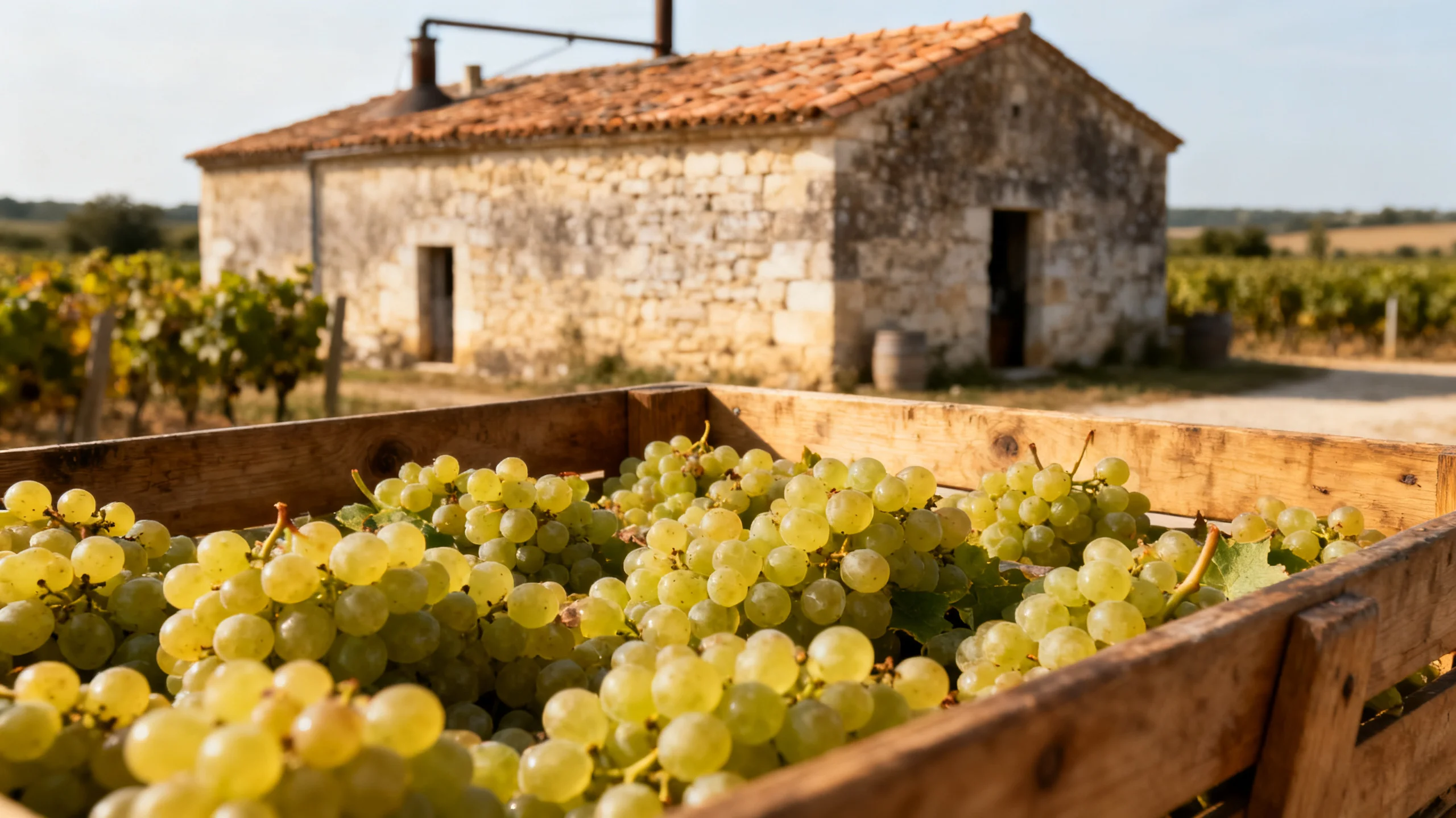 Vignoble de Charente lors des vendanges 2026 : rangées d'ugni blanc sous un ciel de septembre
