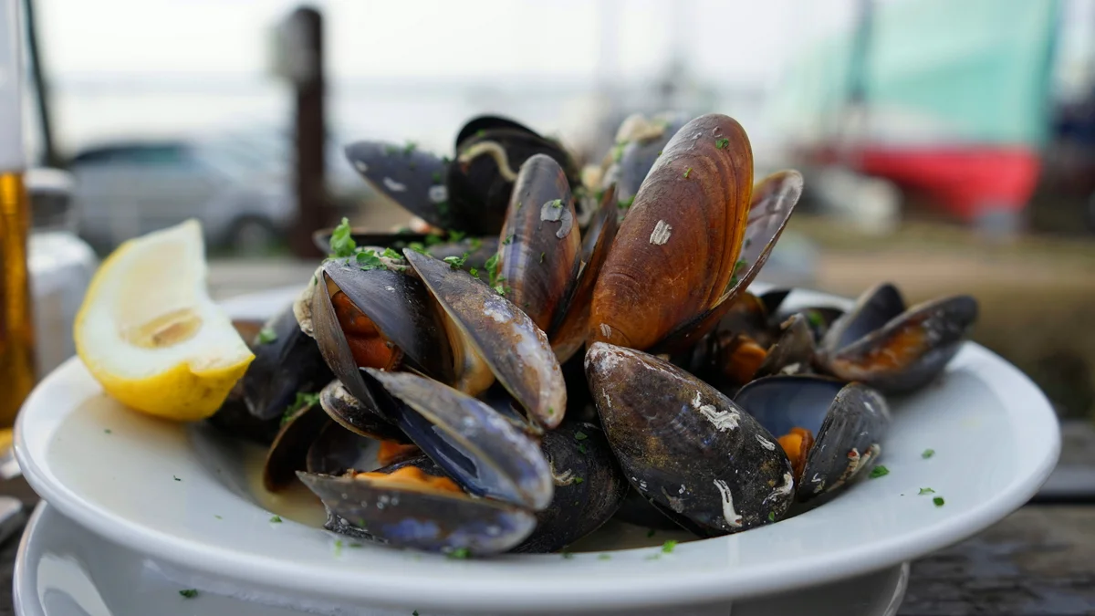 Assiette de moules marinières au vin blanc avec une tranche de citron
