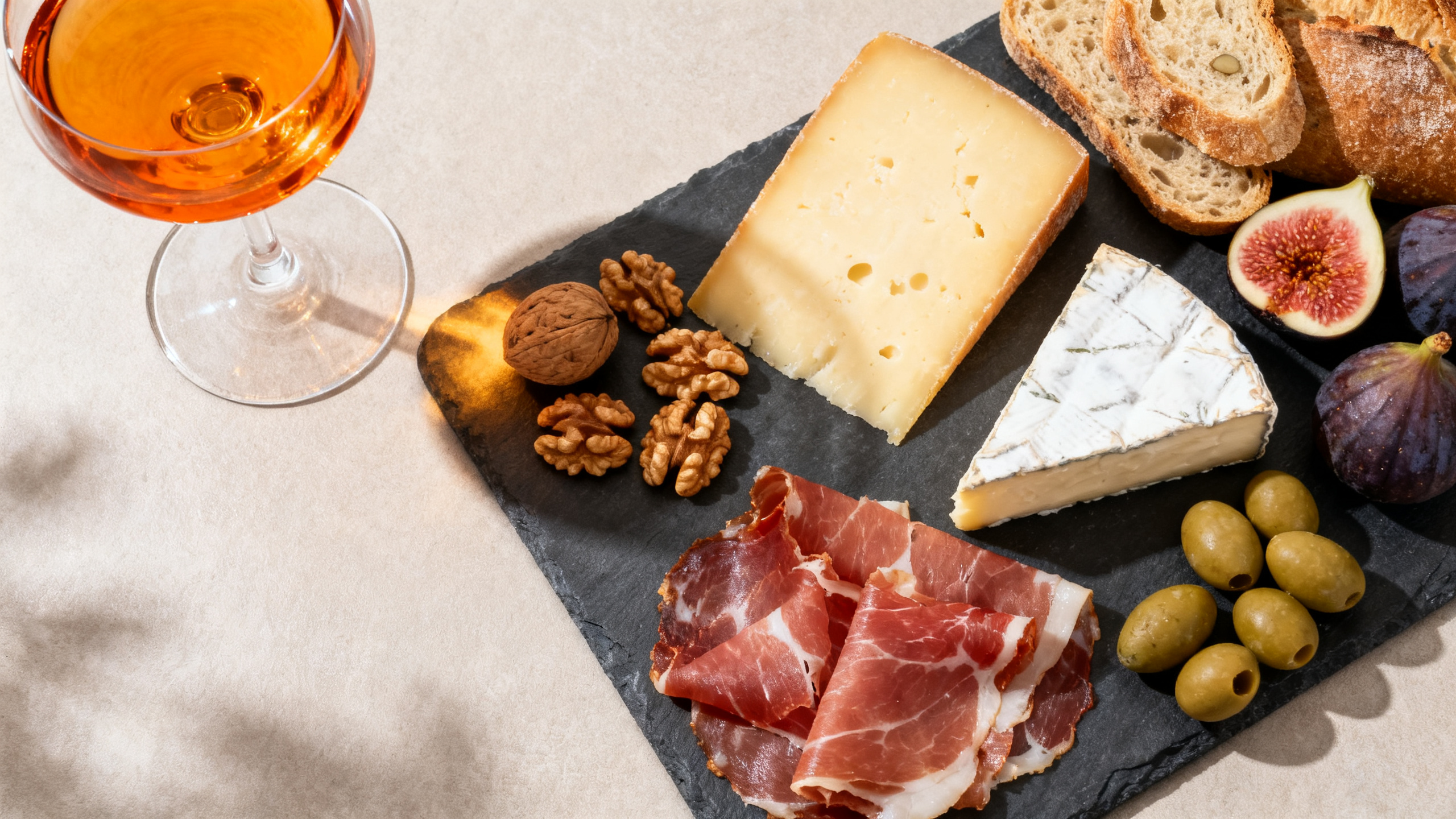 Verre de vin orange servi avec fromages affinés et charcuterie