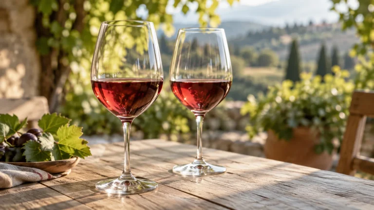 Vin rouge léger : lesquels choisir et comment les servir Deux verres de vin rouge léger servis en terrasse