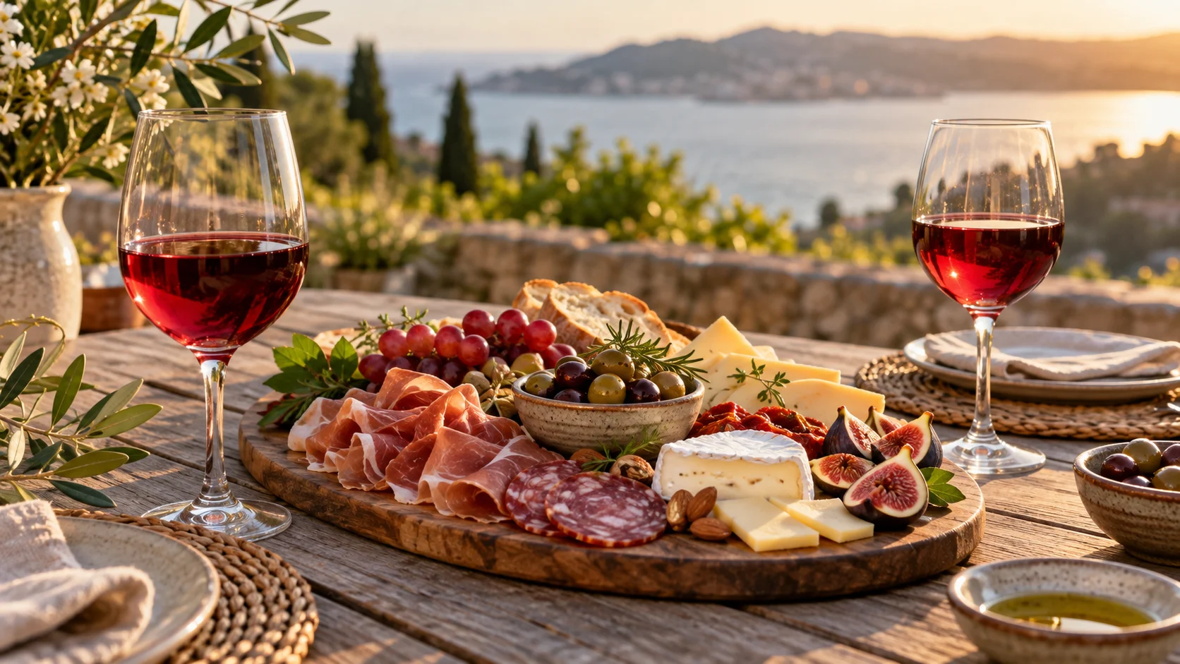Plateau de charcuterie et fromages légers avec deux verres de vin rouge léger