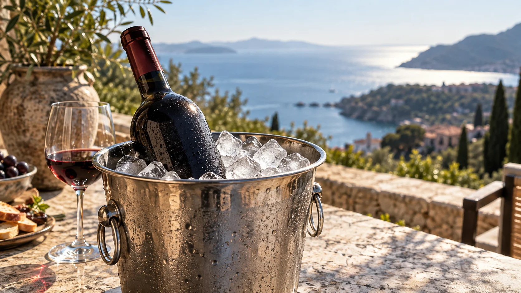 Bouteille de vin rouge léger rafraîchie dans un seau à glace