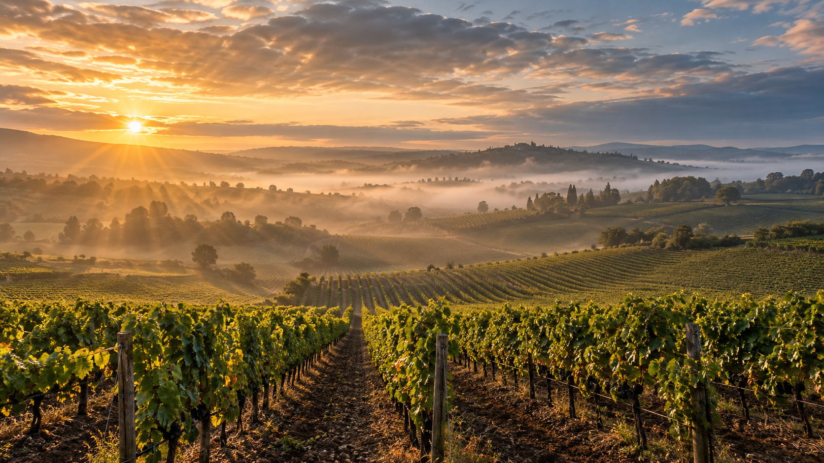 Rangées de vignes dans un vignoble français au lever du soleil, symbole des enjeux assurantiels de la filière viticole