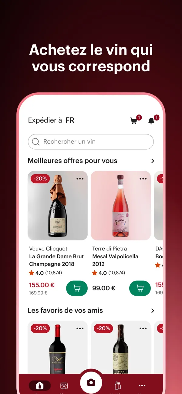 Écran boutique de Vivino avec la rubrique Meilleures offres pour vous, des bouteilles remisées et leur note