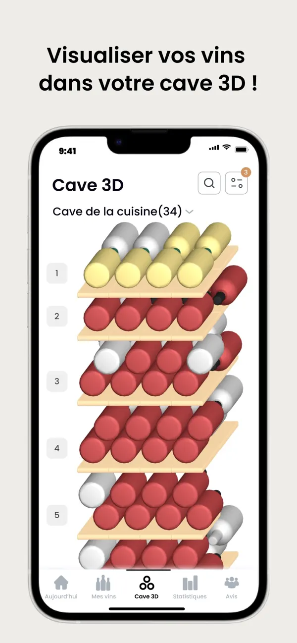 Cave en 3D de l’application Oeni : casiers numérotés et bouteilles colorées selon la couleur du vin