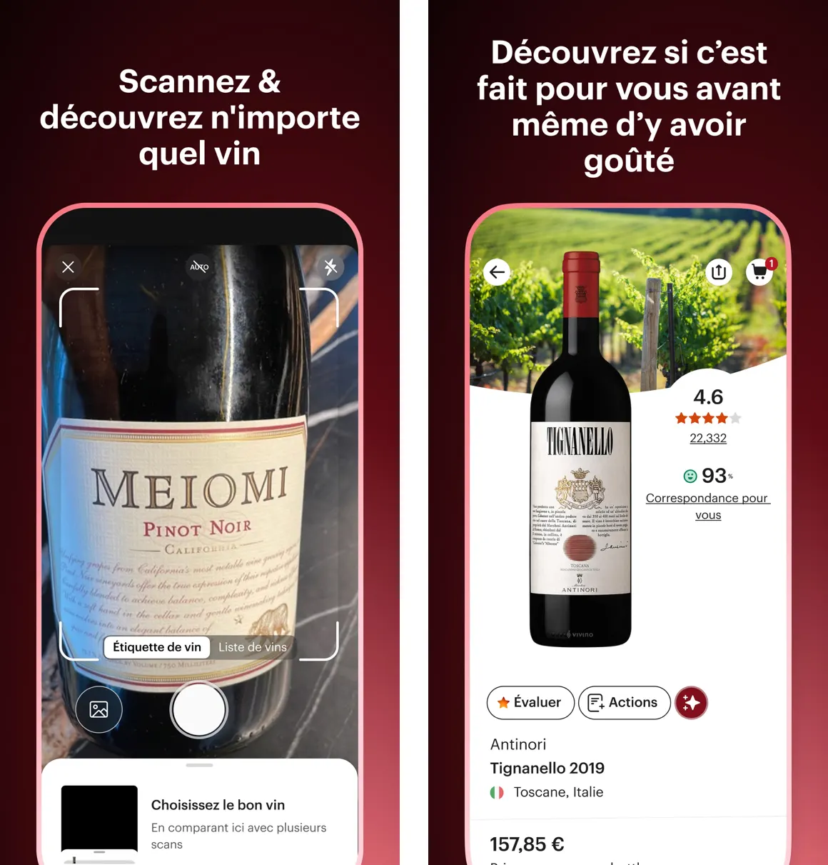 Deux écrans de Vivino : le scan d’une étiquette de pinot noir, puis la fiche d’un vin avec sa note moyenne, son nombre de notes et son prix