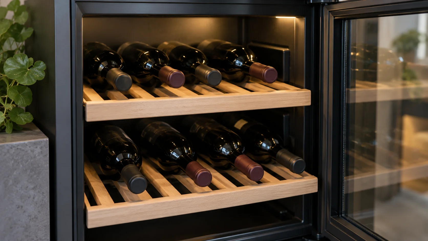 Bouteilles couchées sur les clayettes d’une armoire à vin