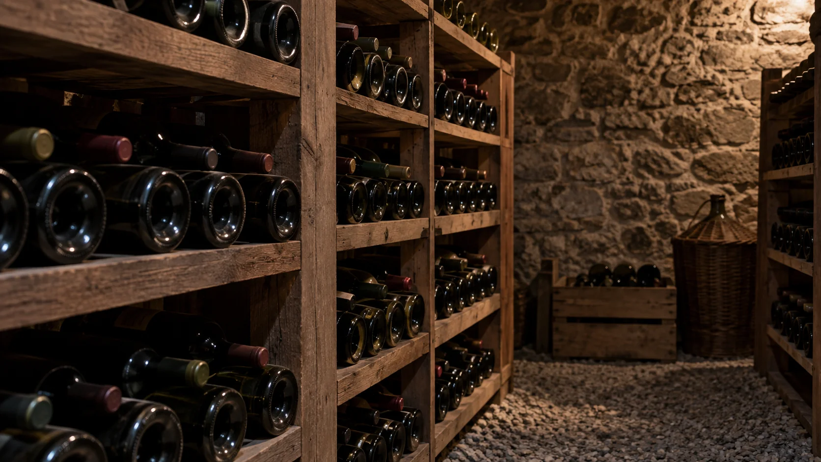 Bouteilles couchées dans une cave de garde sombre