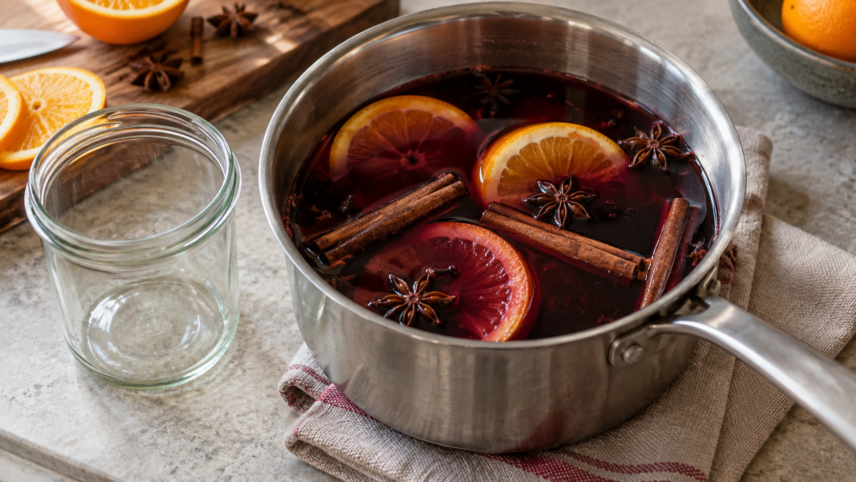 Vin chaud aux épices dans une casserole avant conservation