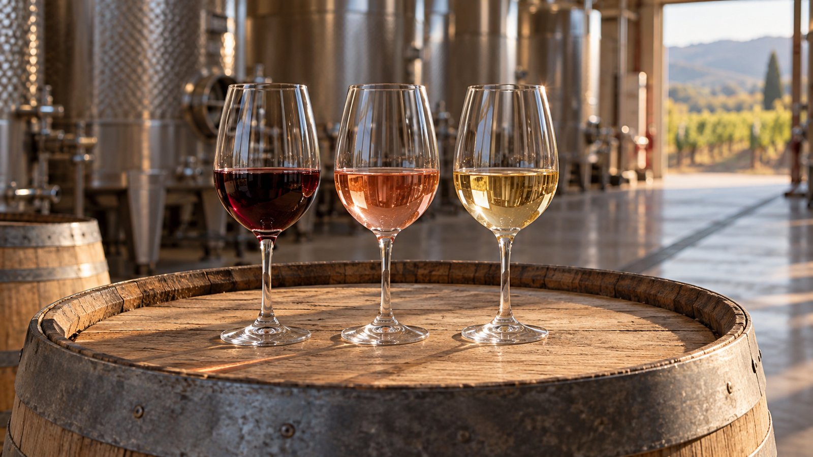 Trois verres de vin rouge, rosé et blanc posés sur une barrique dans un chai