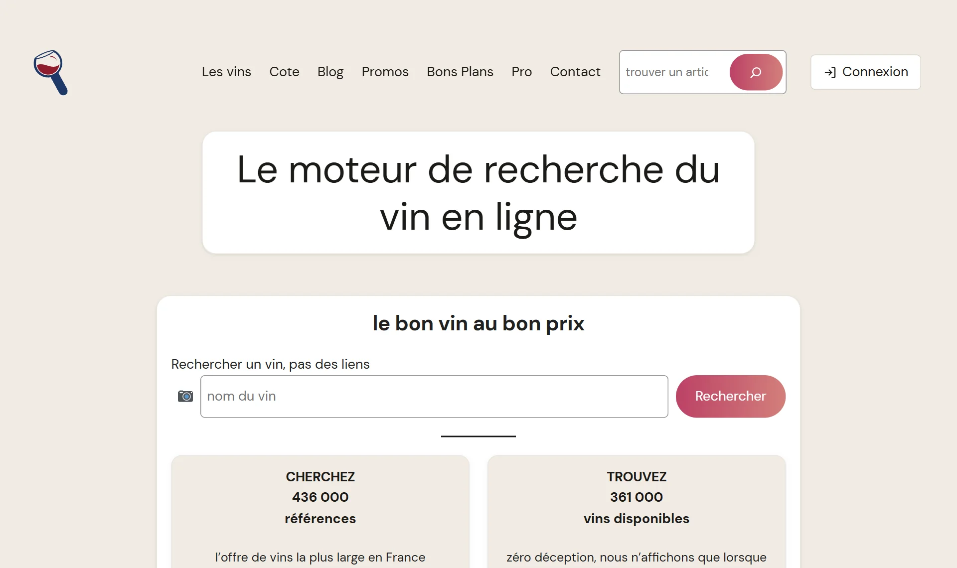 Page d'accueil de trouver-un-vin.com avec le champ de recherche et les compteurs de 436 000 références et 361 000 vins disponibles