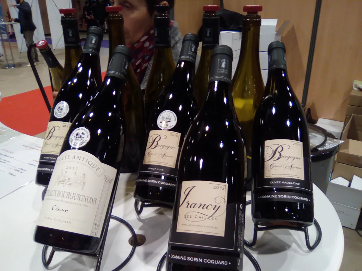 Bouteilles et présentation d'un domaine bourguignon sur son stand à Paris en 2018.