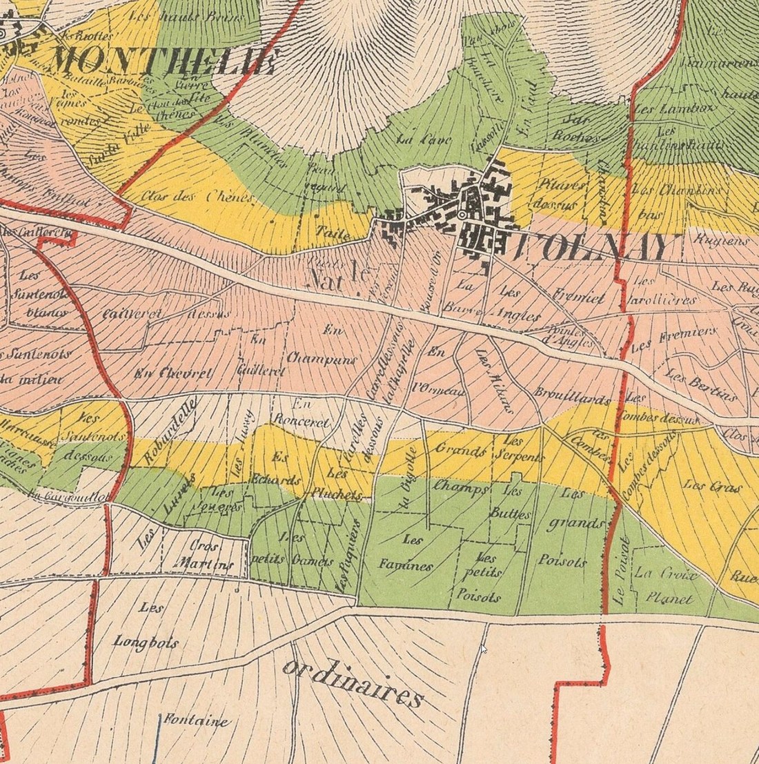 Carte colorée de 1861 classant les climats du vignoble de Volnay, avec les vins ordinaires dans la plaine